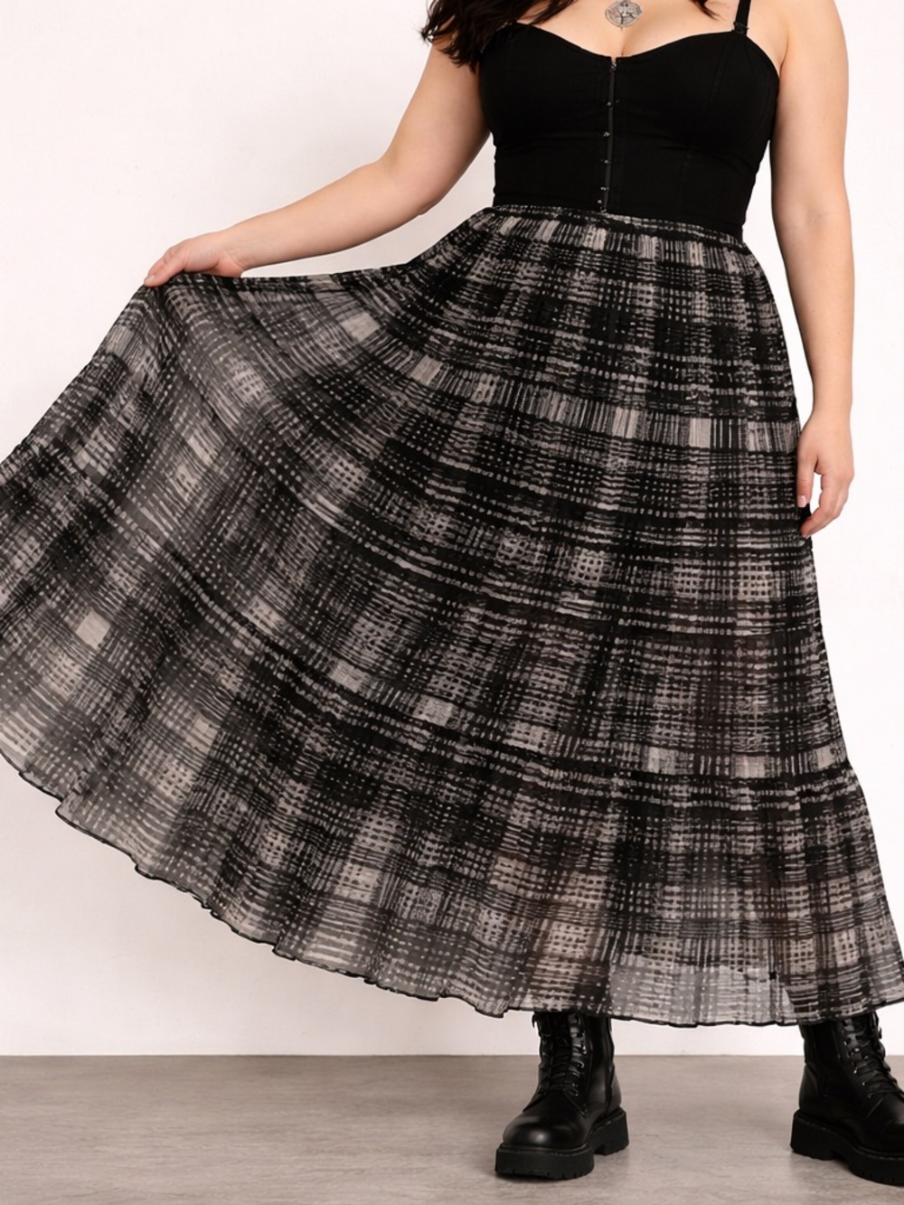 Vintage Sheer Plaid Mesh Tiered Maxi Skirt Gothic Grunge Overlay Sz 2X